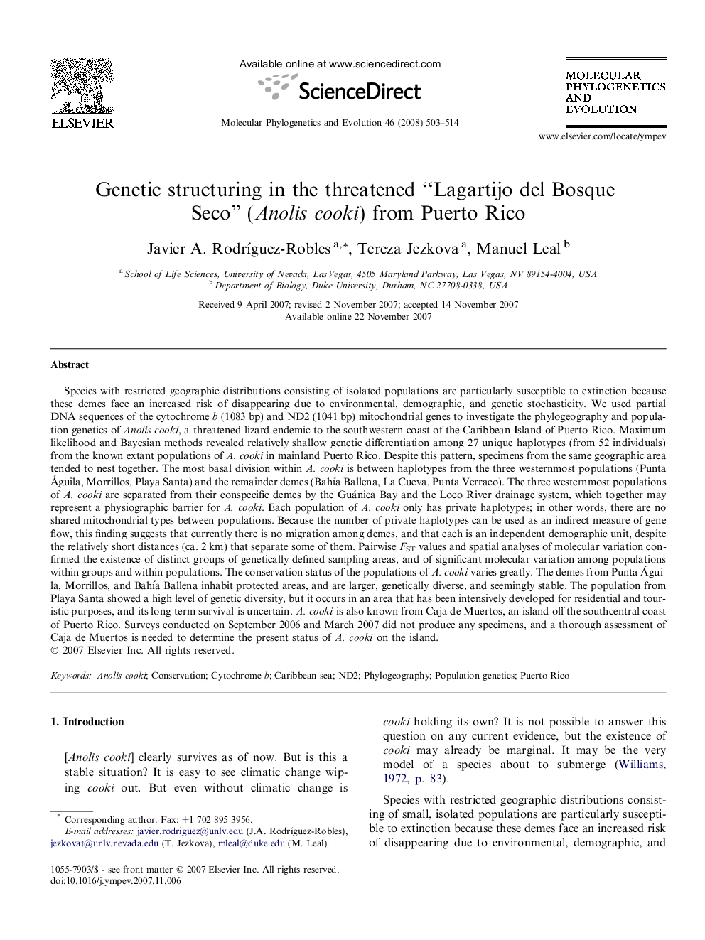 Genetic structuring in the threatened “Lagartijo del Bosque Seco” (Anolis cooki) from Puerto Rico