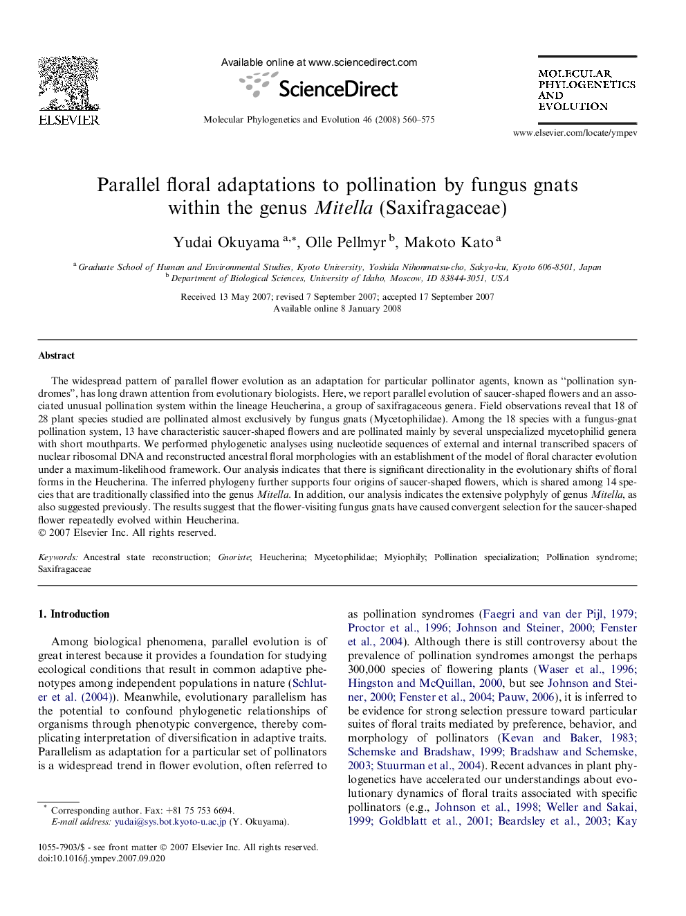 Parallel floral adaptations to pollination by fungus gnats within the genus Mitella (Saxifragaceae)