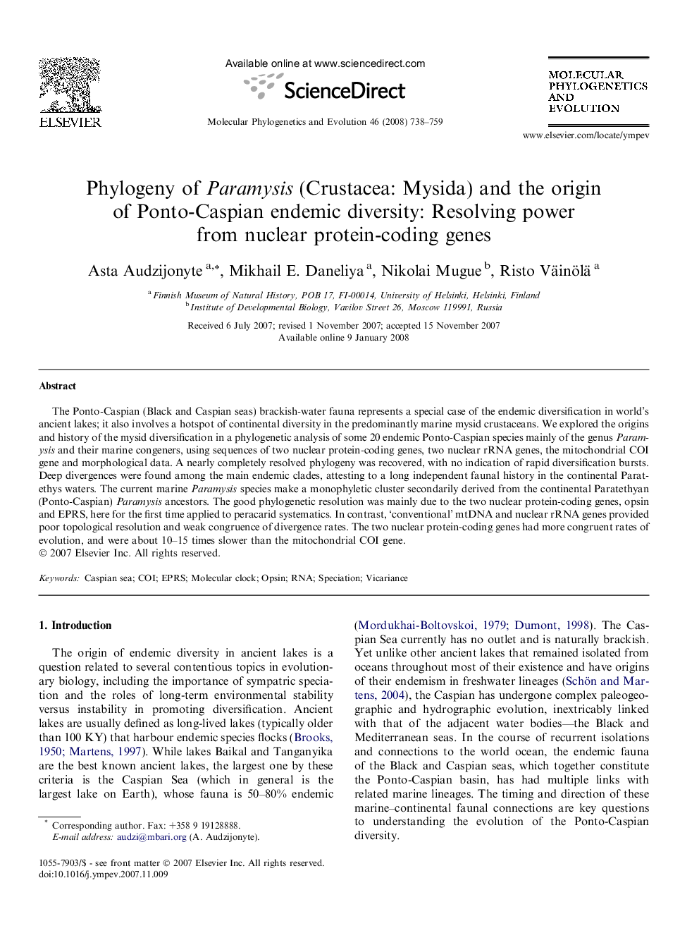 Phylogeny of Paramysis (Crustacea: Mysida) and the origin of Ponto-Caspian endemic diversity: Resolving power from nuclear protein-coding genes