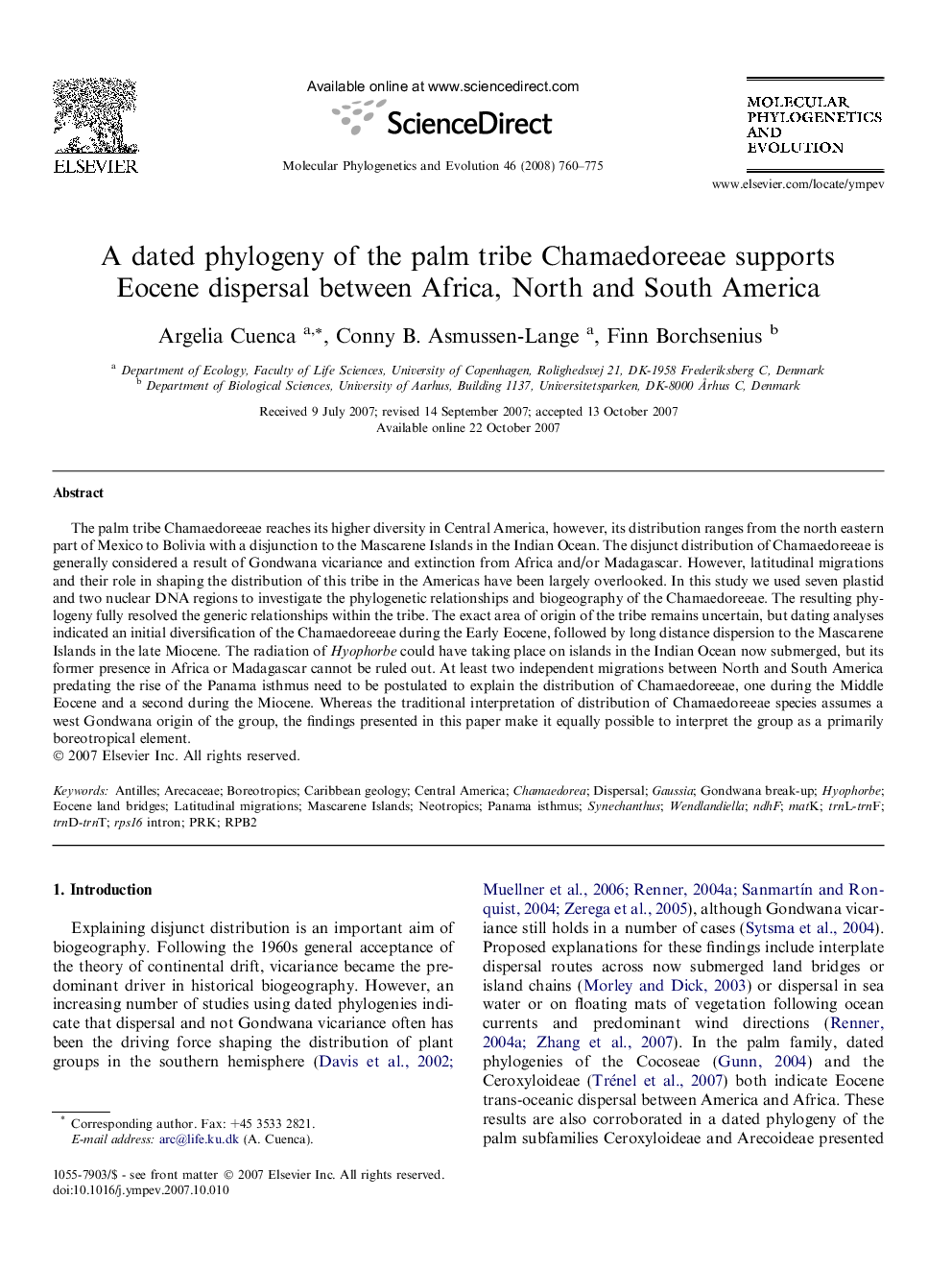 A dated phylogeny of the palm tribe Chamaedoreeae supports Eocene dispersal between Africa, North and South America