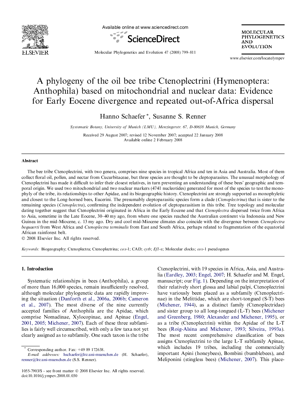 A phylogeny of the oil bee tribe Ctenoplectrini (Hymenoptera: Anthophila) based on mitochondrial and nuclear data: Evidence for Early Eocene divergence and repeated out-of-Africa dispersal