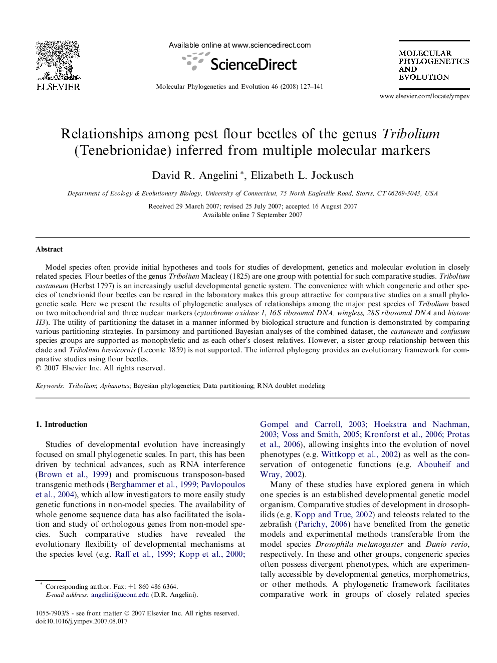 Relationships among pest flour beetles of the genus Tribolium (Tenebrionidae) inferred from multiple molecular markers