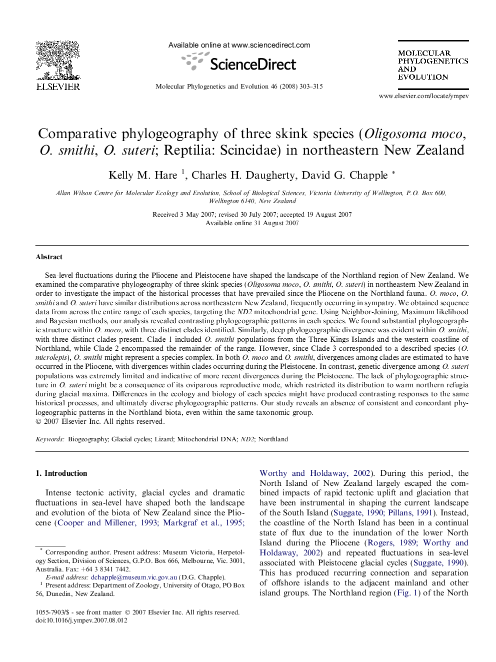 Comparative phylogeography of three skink species (Oligosoma moco, O. smithi, O. suteri; Reptilia: Scincidae) in northeastern New Zealand