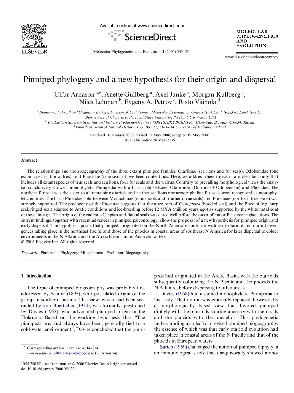 Pinniped phylogeny and a new hypothesis for their origin and dispersal