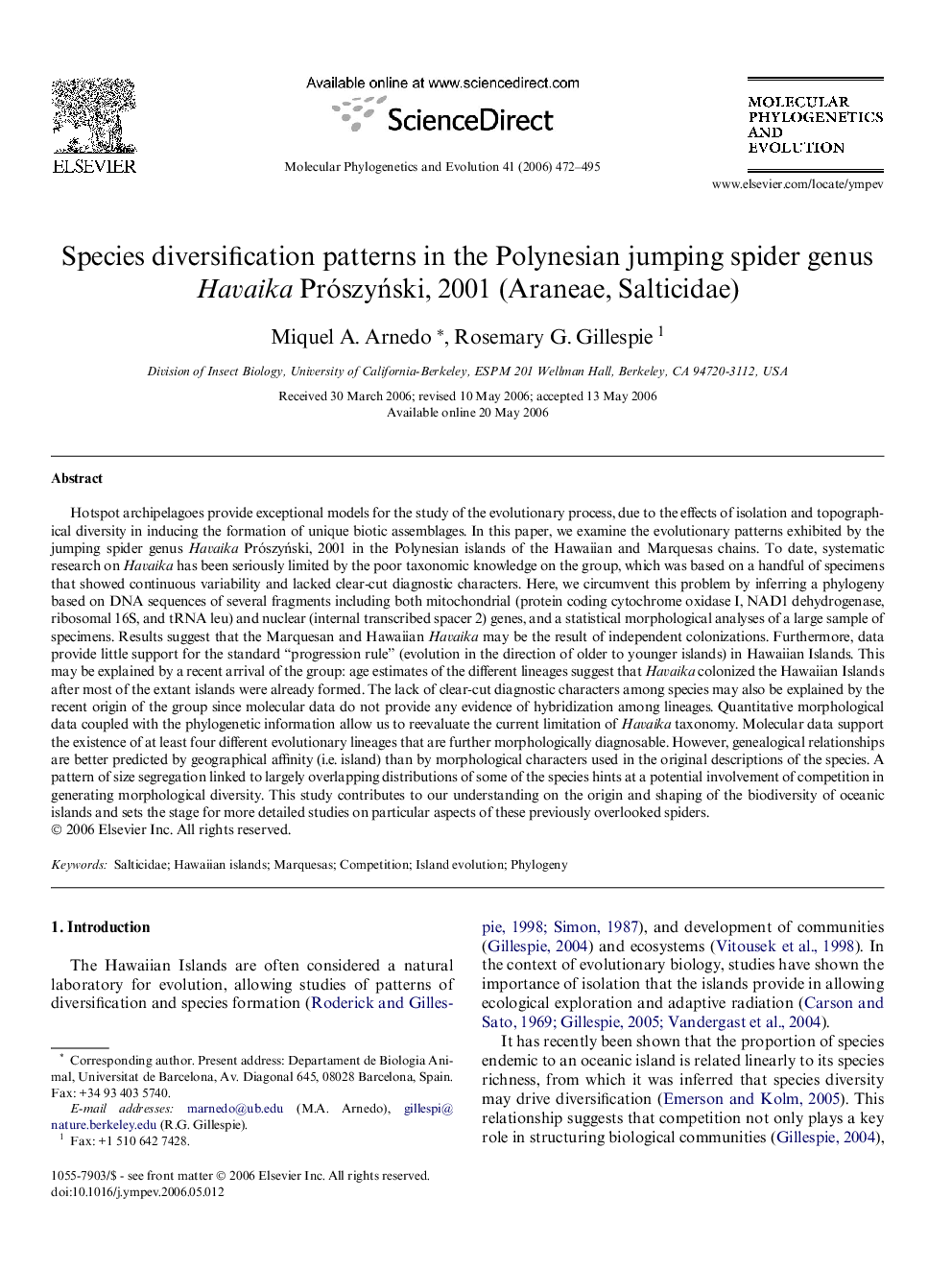 Species diversification patterns in the Polynesian jumping spider genus Havaika Prószyński, 2001 (Araneae, Salticidae)