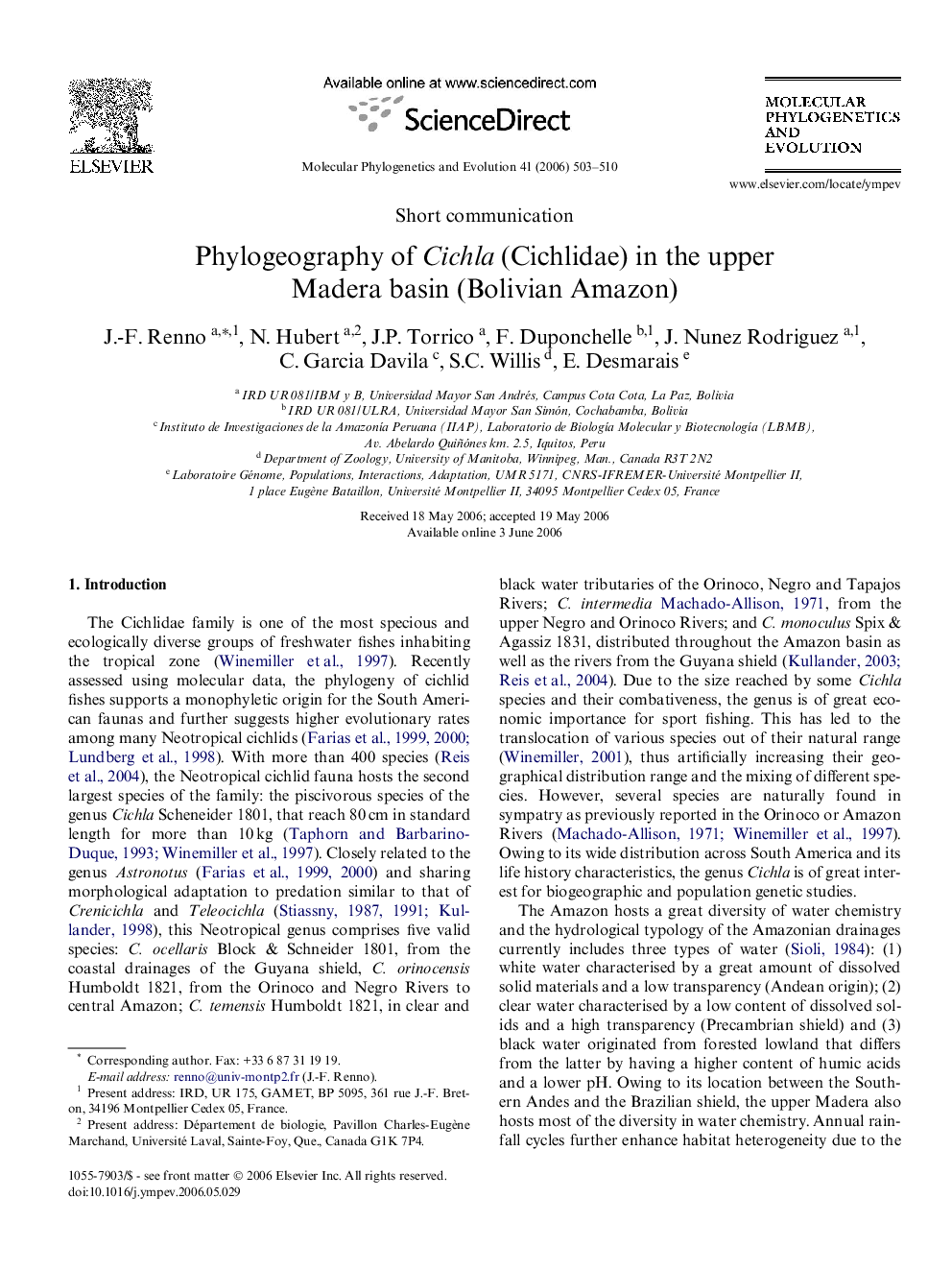 Phylogeography of Cichla (Cichlidae) in the upper Madera basin (Bolivian Amazon)