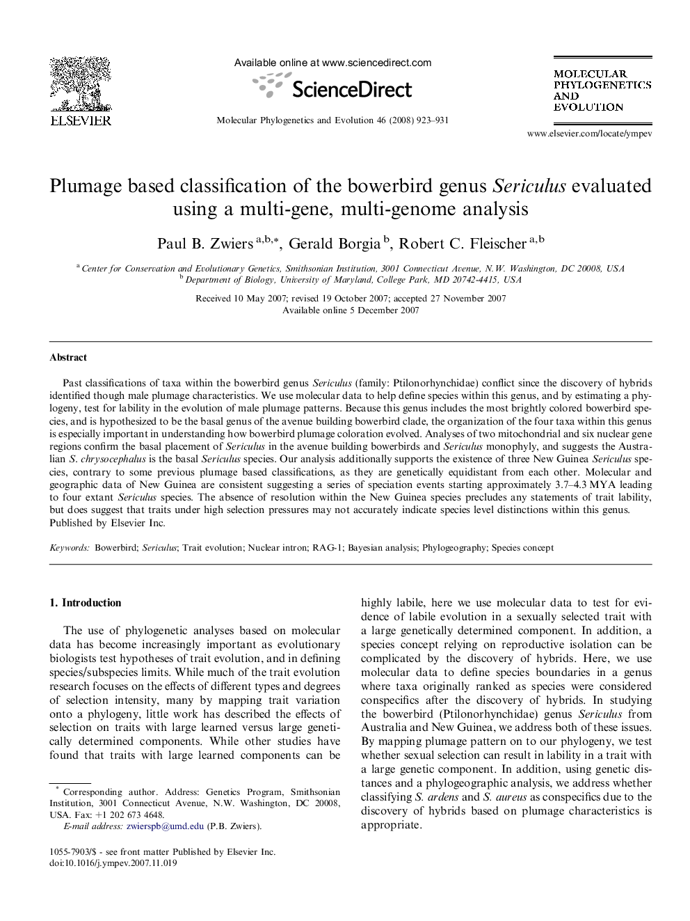 Plumage based classification of the bowerbird genus Sericulus evaluated using a multi-gene, multi-genome analysis