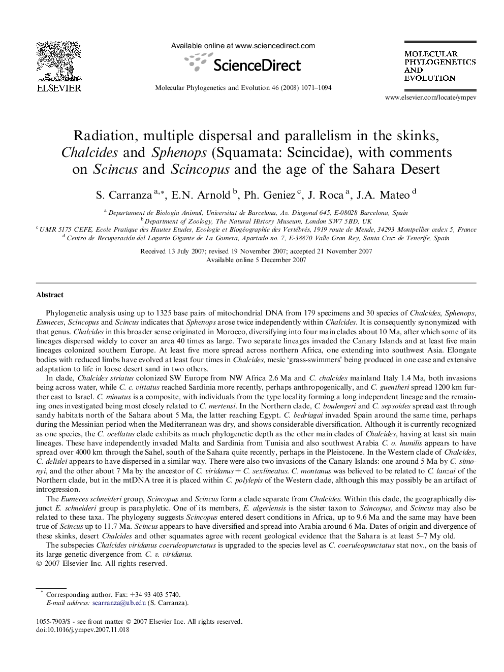 Radiation, multiple dispersal and parallelism in the skinks, Chalcides and Sphenops (Squamata: Scincidae), with comments on Scincus and Scincopus and the age of the Sahara Desert