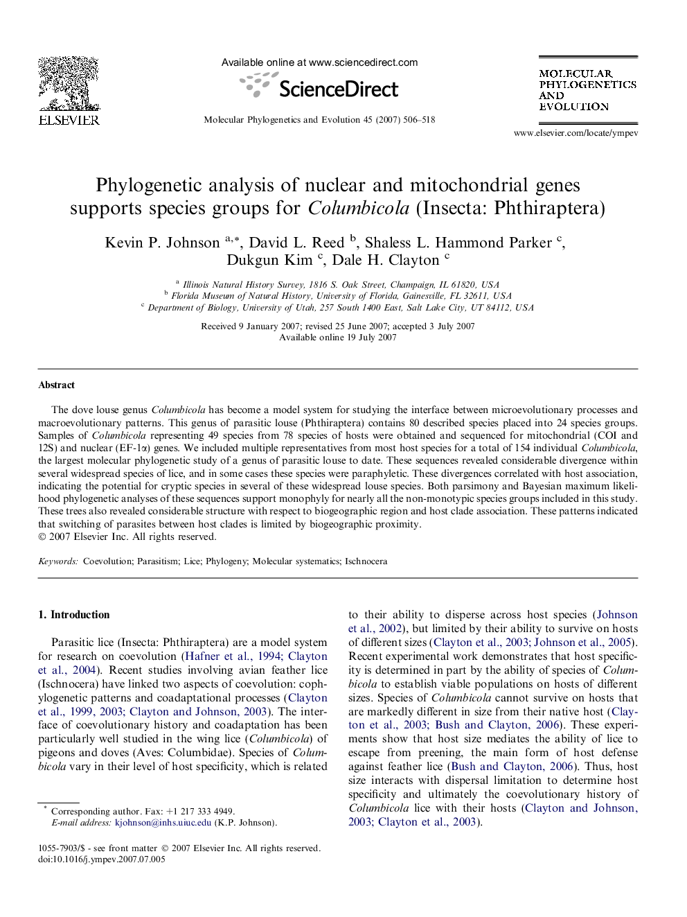 Phylogenetic analysis of nuclear and mitochondrial genes supports species groups for Columbicola (Insecta: Phthiraptera)