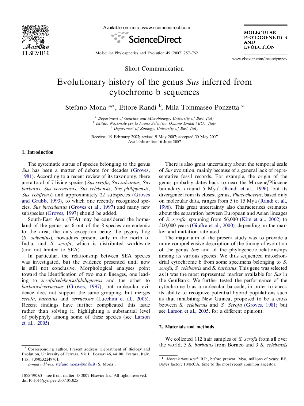 Evolutionary history of the genus Sus inferred from cytochrome b sequences