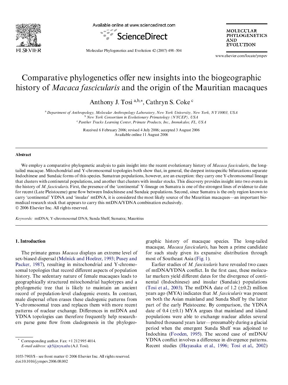 Comparative phylogenetics offer new insights into the biogeographic history of Macaca fascicularis and the origin of the Mauritian macaques