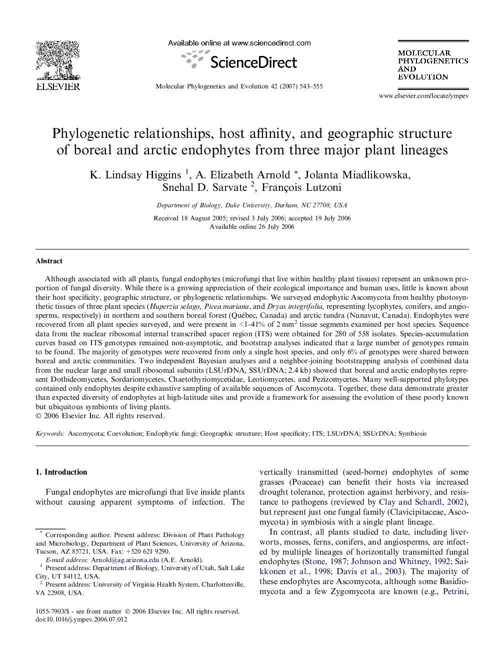 Phylogenetic relationships, host affinity, and geographic structure of boreal and arctic endophytes from three major plant lineages