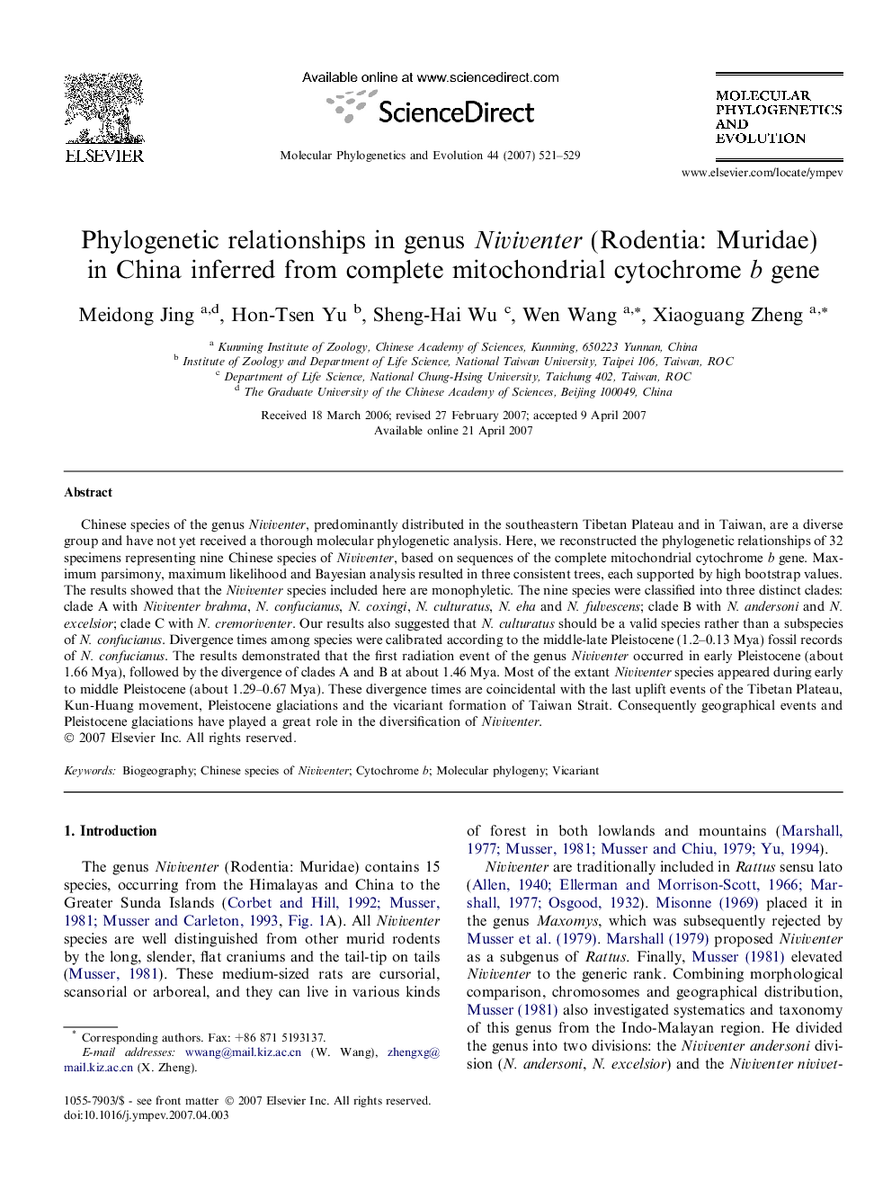 Phylogenetic relationships in genus Niviventer (Rodentia: Muridae) in China inferred from complete mitochondrial cytochrome b gene