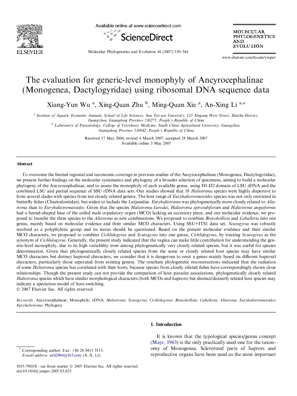 The evaluation for generic-level monophyly of Ancyrocephalinae (Monogenea, Dactylogyridae) using ribosomal DNA sequence data