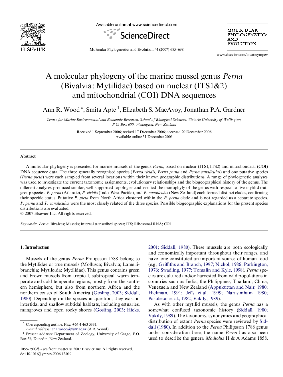 A molecular phylogeny of the marine mussel genus Perna (Bivalvia: Mytilidae) based on nuclear (ITS1&2) and mitochondrial (COI) DNA sequences