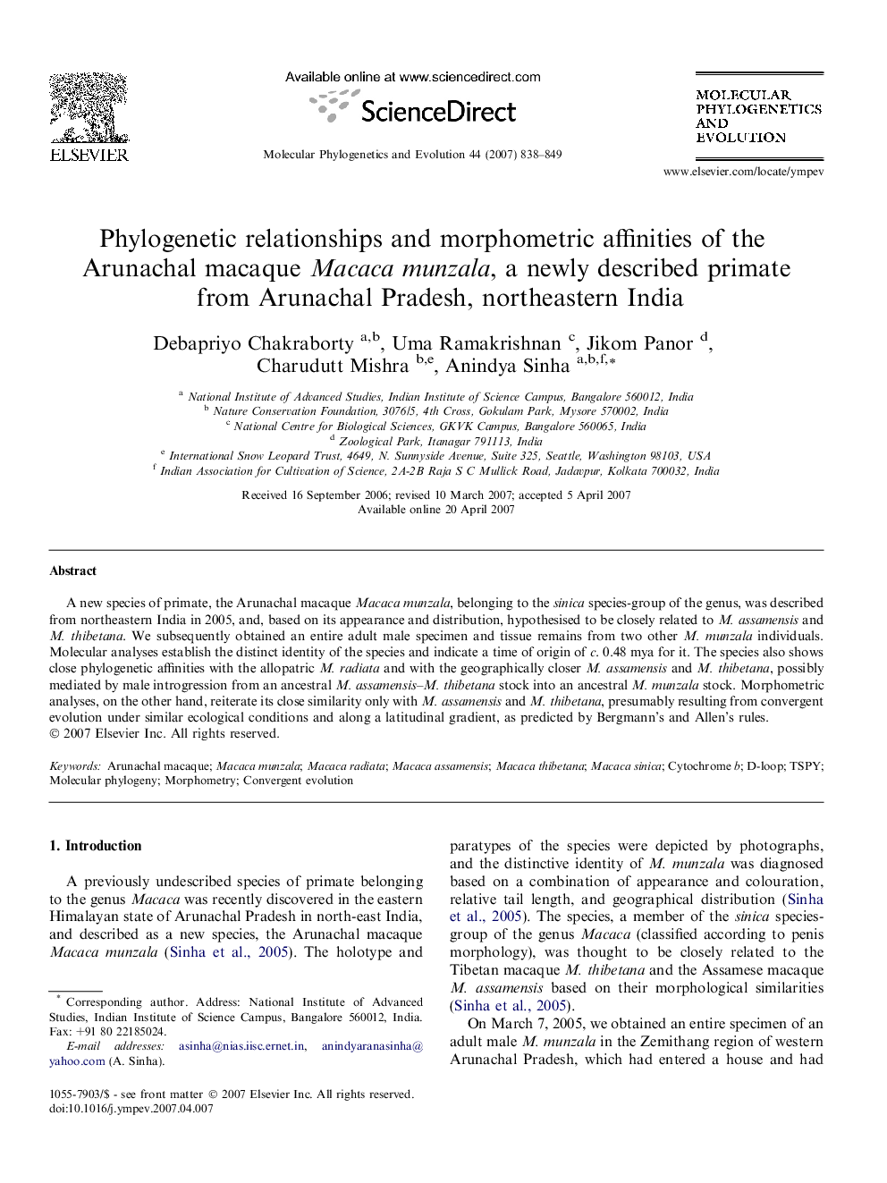 Phylogenetic relationships and morphometric affinities of the Arunachal macaque Macaca munzala, a newly described primate from Arunachal Pradesh, northeastern India