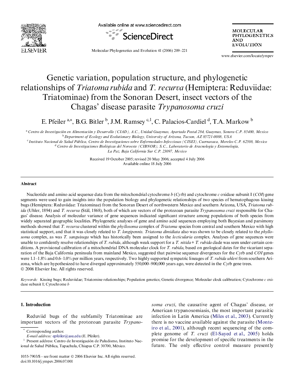 Genetic variation, population structure, and phylogenetic relationships of Triatoma rubida and T. recurva (Hemiptera: Reduviidae: Triatominae) from the Sonoran Desert, insect vectors of the Chagas’ disease parasite Trypanosoma cruzi