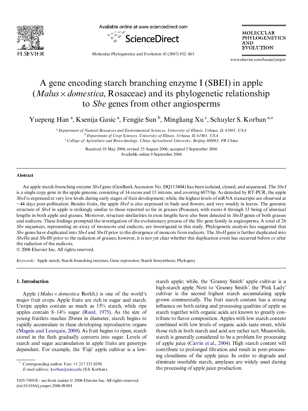 A gene encoding starch branching enzyme I (SBEI) in apple (Malus × domestica, Rosaceae) and its phylogenetic relationship to Sbe genes from other angiosperms