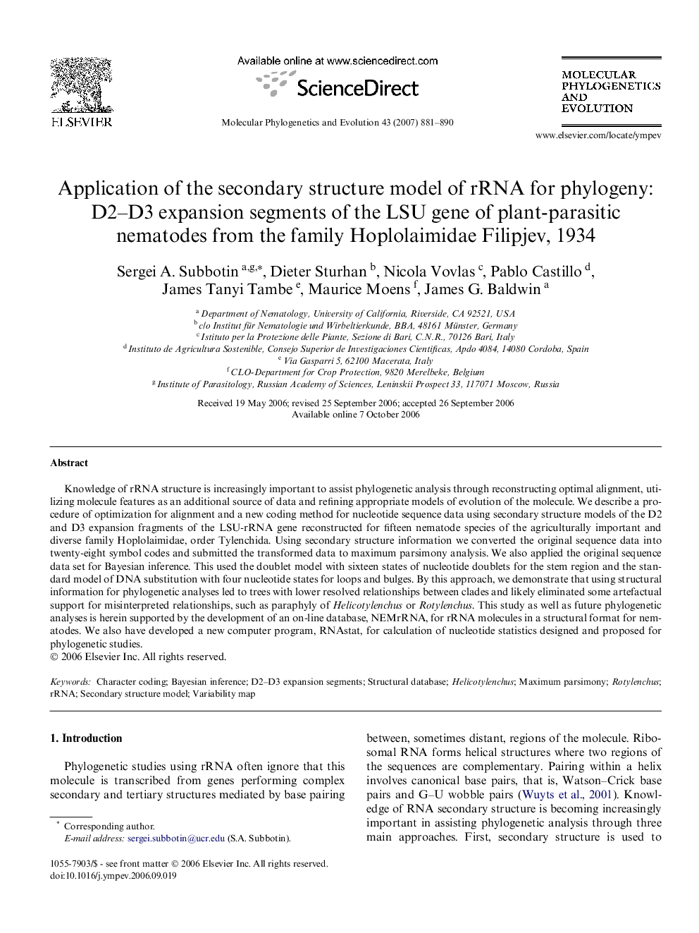 Application of the secondary structure model of rRNA for phylogeny: D2–D3 expansion segments of the LSU gene of plant-parasitic nematodes from the family Hoplolaimidae Filipjev, 1934