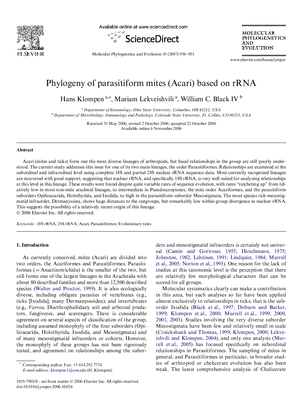 Phylogeny of parasitiform mites (Acari) based on rRNA