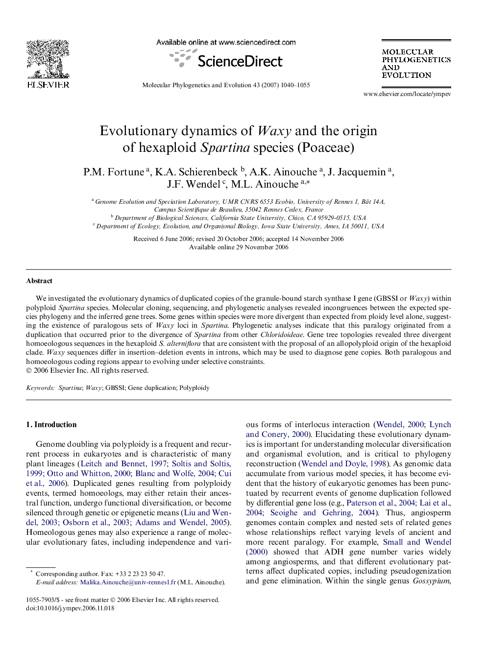 Evolutionary dynamics of Waxy and the origin of hexaploid Spartina species (Poaceae)