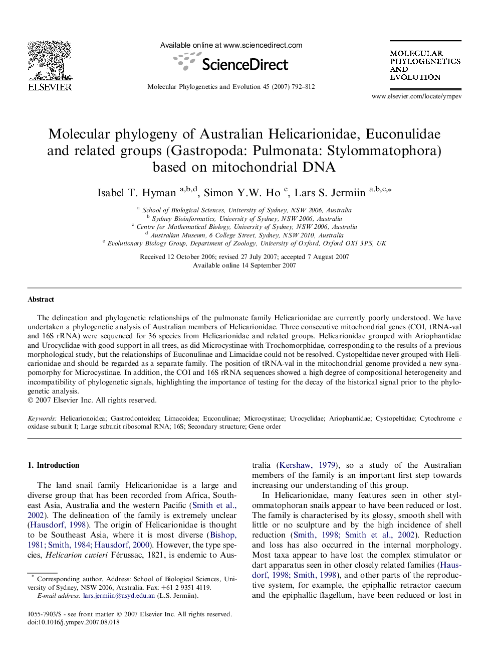 Molecular phylogeny of Australian Helicarionidae, Euconulidae and related groups (Gastropoda: Pulmonata: Stylommatophora) based on mitochondrial DNA