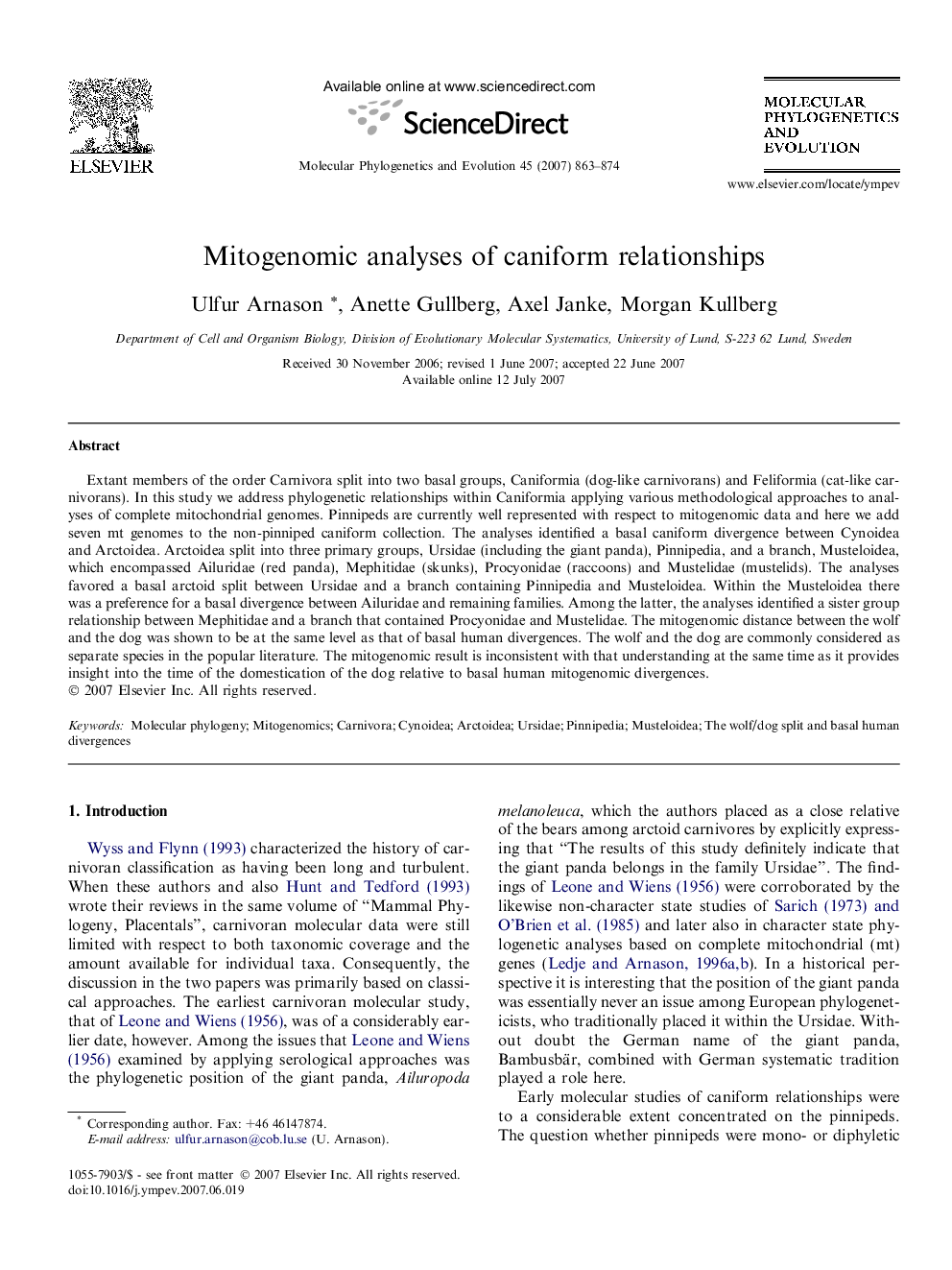 Mitogenomic analyses of caniform relationships