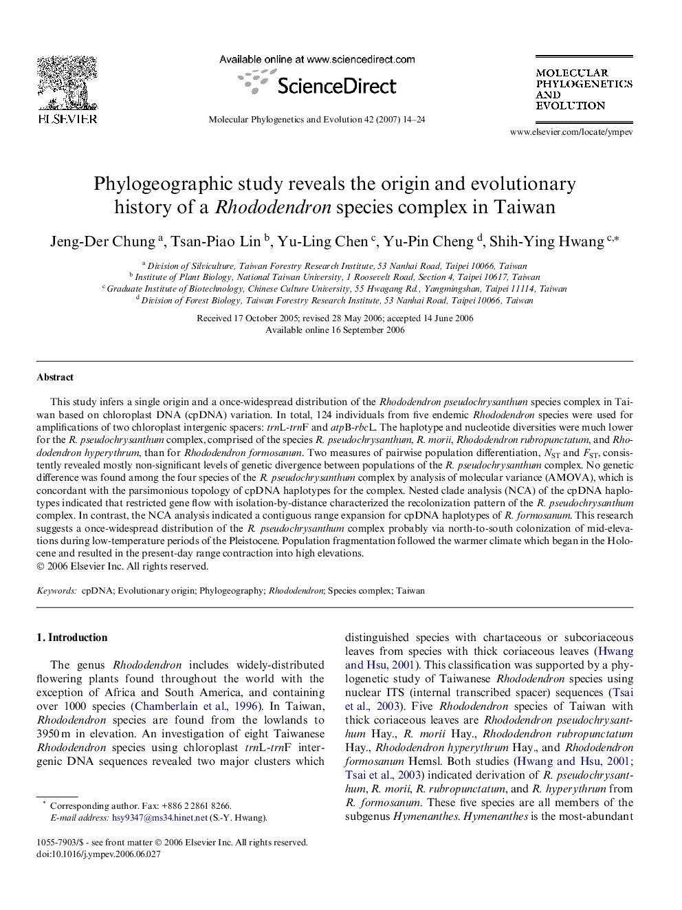 Phylogeographic study reveals the origin and evolutionary history of a Rhododendron species complex in Taiwan