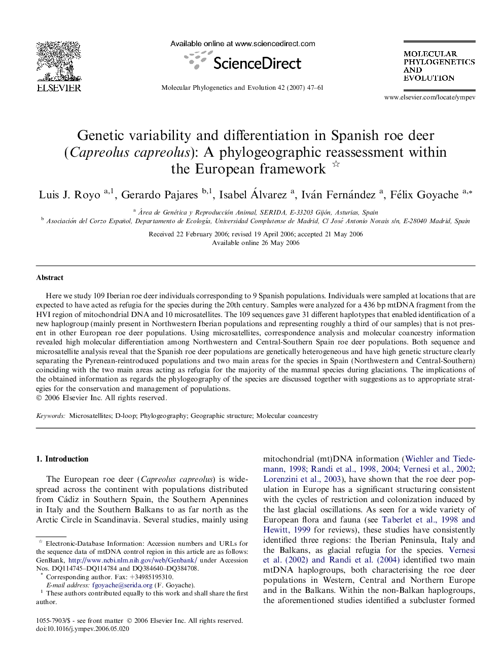 Genetic variability and differentiation in Spanish roe deer (Capreolus capreolus): A phylogeographic reassessment within the European framework 