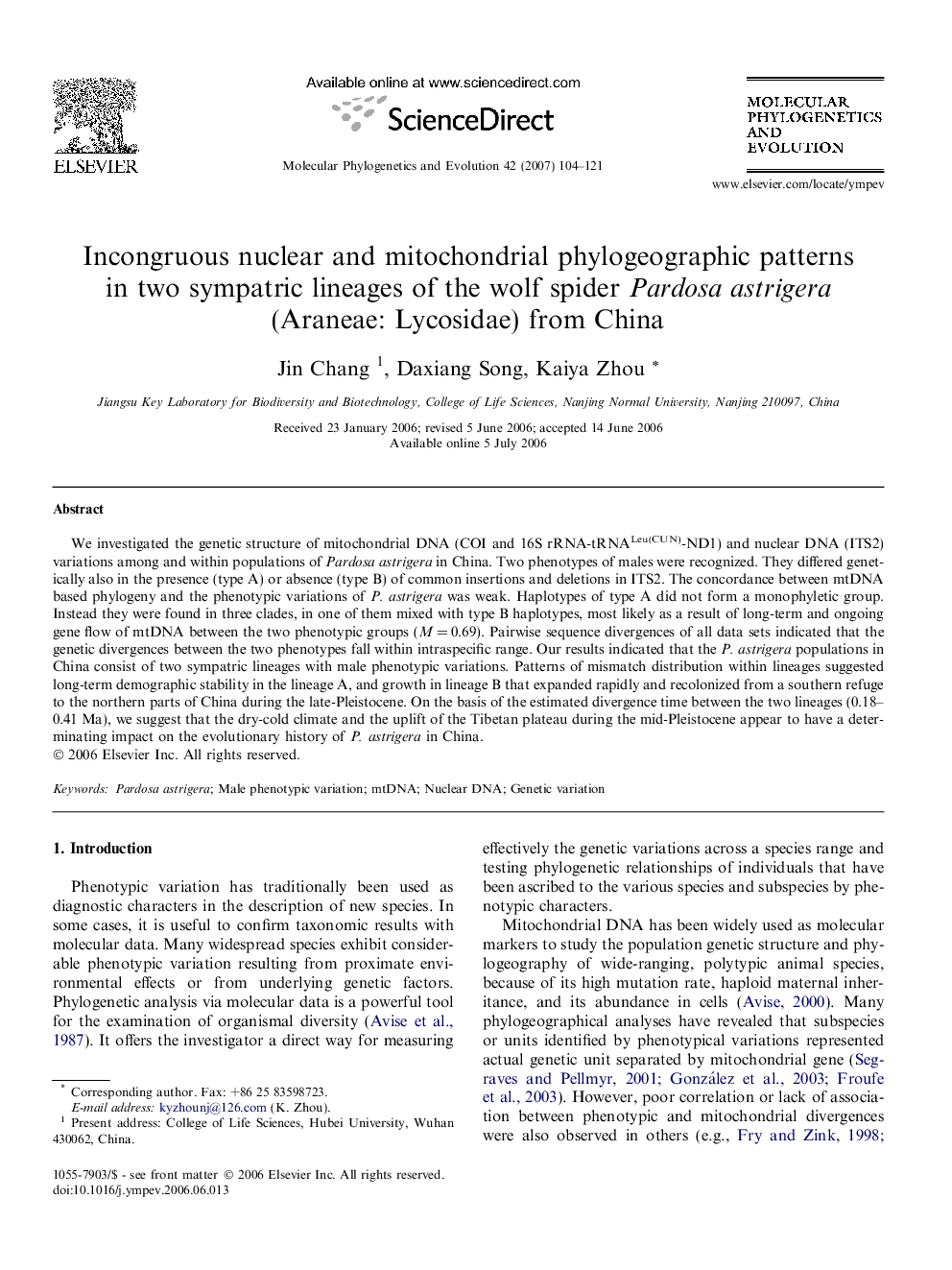 Incongruous nuclear and mitochondrial phylogeographic patterns in two sympatric lineages of the wolf spider Pardosa astrigera (Araneae: Lycosidae) from China