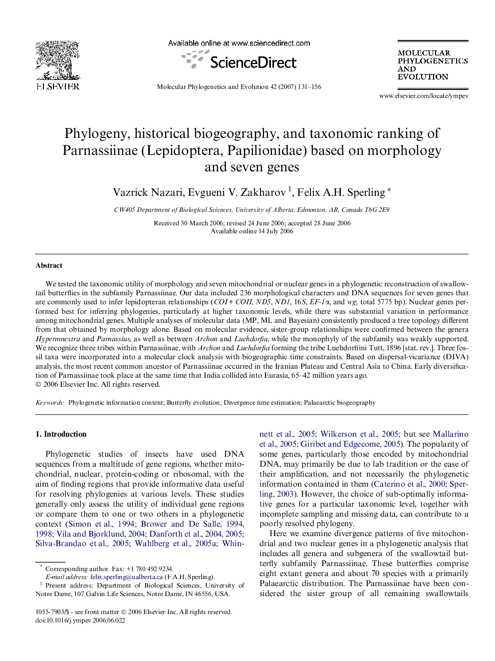 Phylogeny, historical biogeography, and taxonomic ranking of Parnassiinae (Lepidoptera, Papilionidae) based on morphology and seven genes