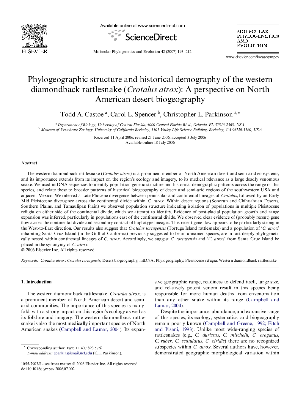 Phylogeographic structure and historical demography of the western diamondback rattlesnake (Crotalus atrox): A perspective on North American desert biogeography