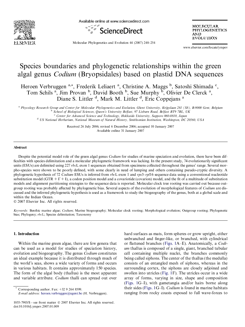 Species boundaries and phylogenetic relationships within the green algal genus Codium (Bryopsidales) based on plastid DNA sequences