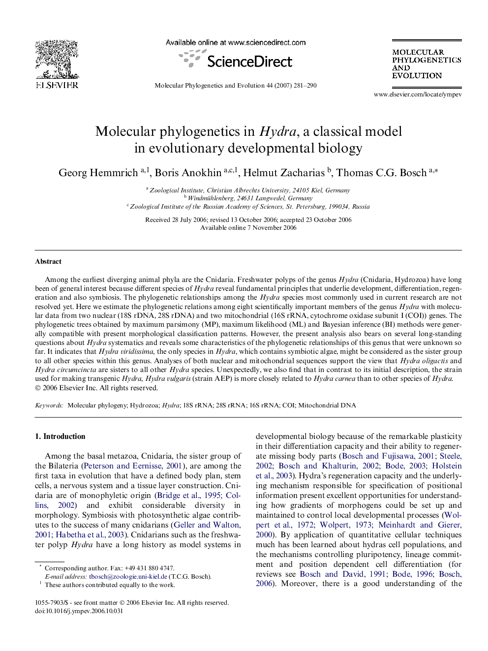 Molecular phylogenetics in Hydra, a classical model in evolutionary developmental biology