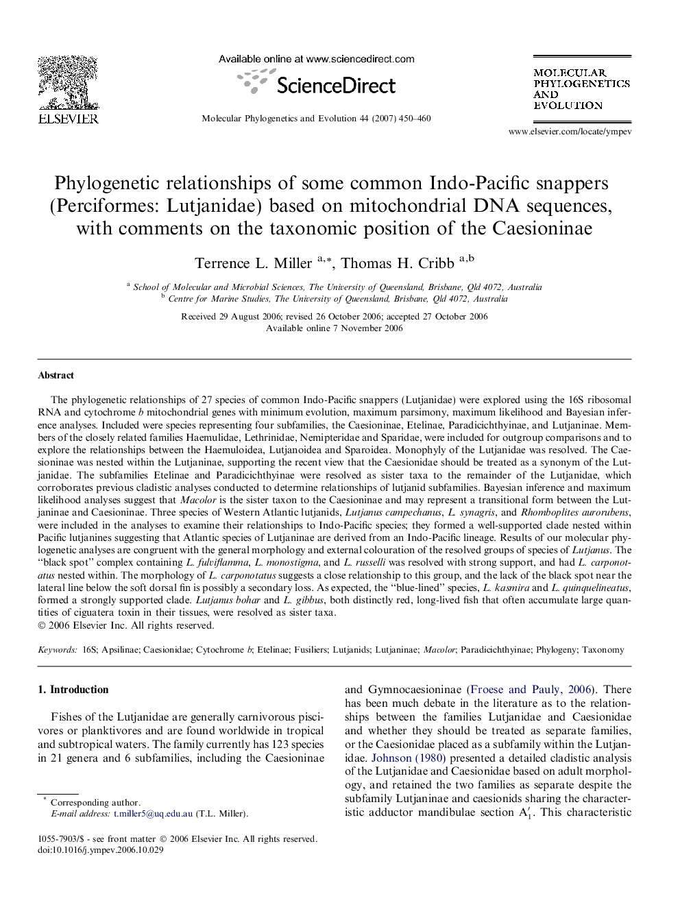 Phylogenetic relationships of some common Indo-Pacific snappers (Perciformes: Lutjanidae) based on mitochondrial DNA sequences, with comments on the taxonomic position of the Caesioninae