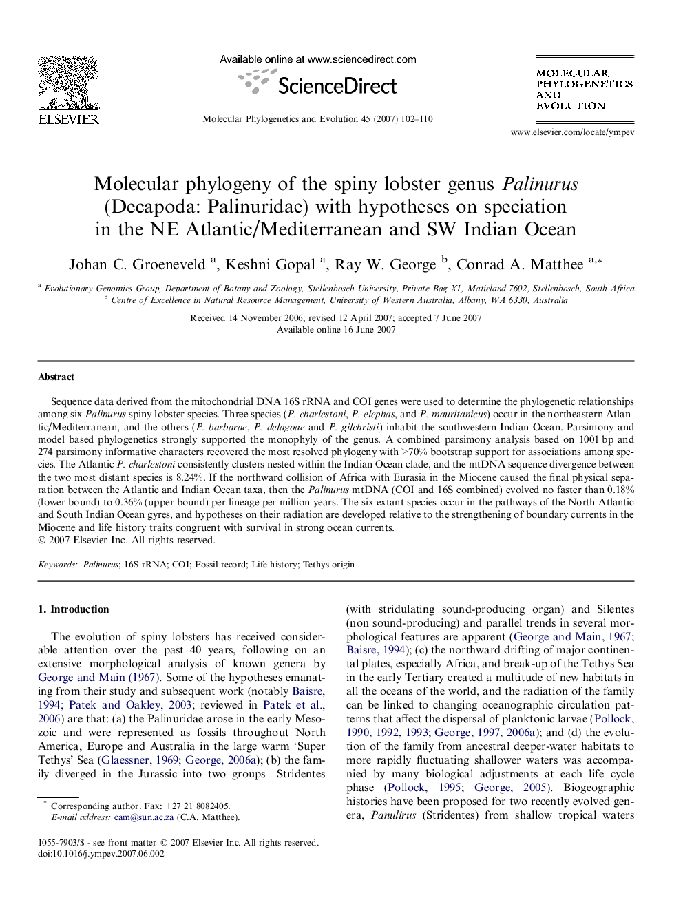 Molecular phylogeny of the spiny lobster genus Palinurus (Decapoda: Palinuridae) with hypotheses on speciation in the NE Atlantic/Mediterranean and SW Indian Ocean
