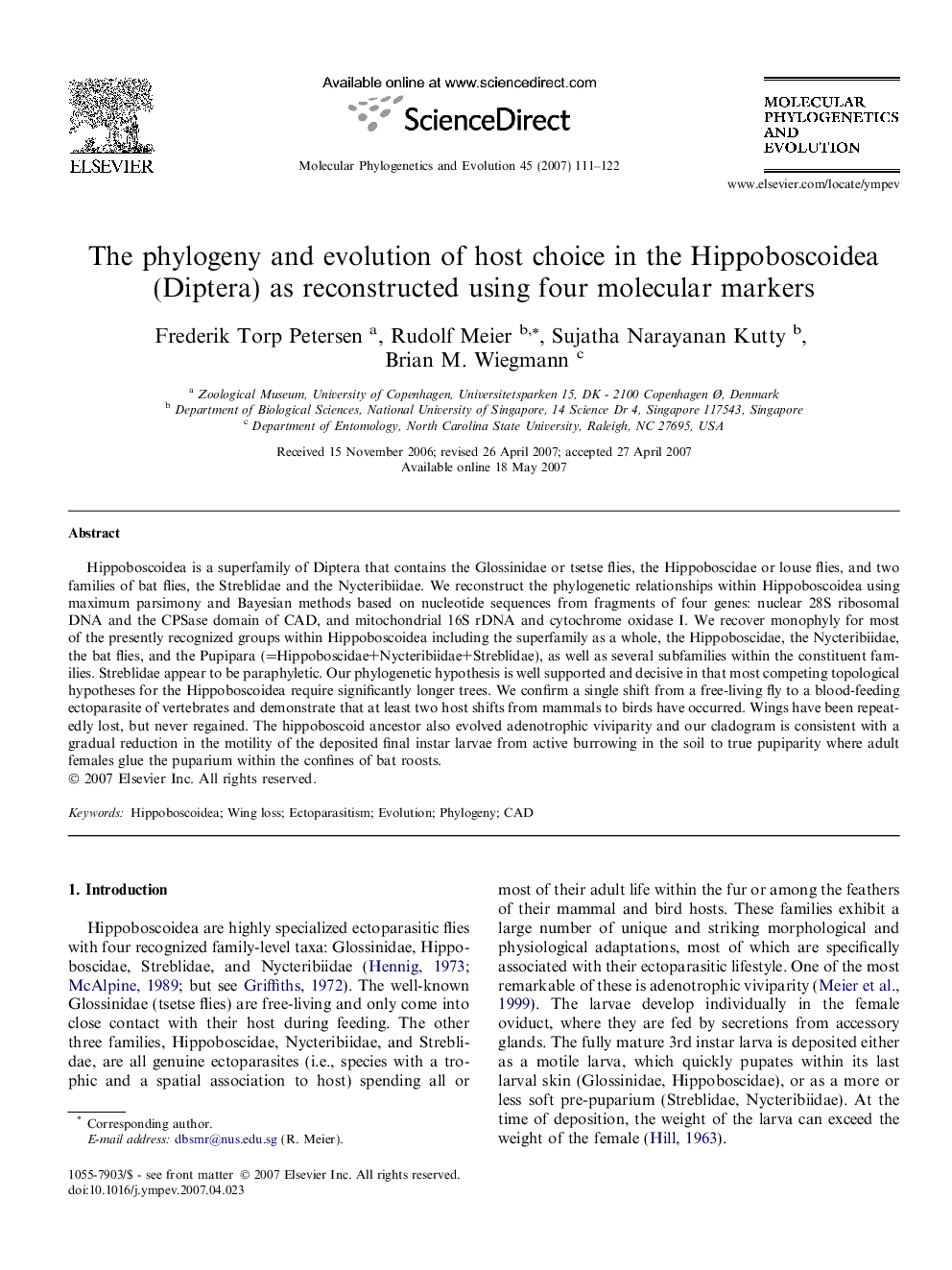 The phylogeny and evolution of host choice in the Hippoboscoidea (Diptera) as reconstructed using four molecular markers