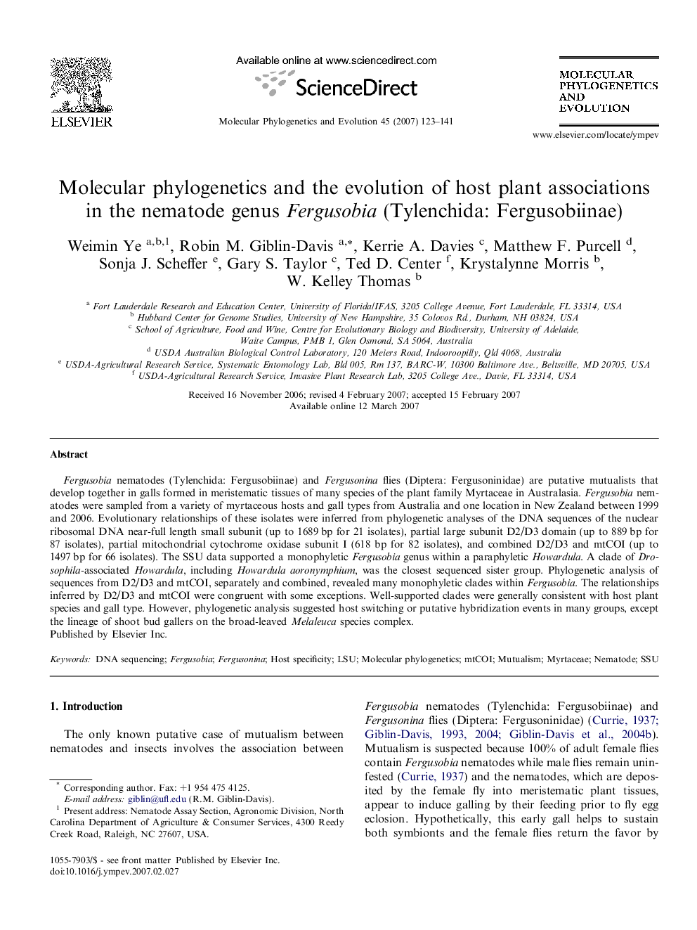 Molecular phylogenetics and the evolution of host plant associations in the nematode genus Fergusobia (Tylenchida: Fergusobiinae)