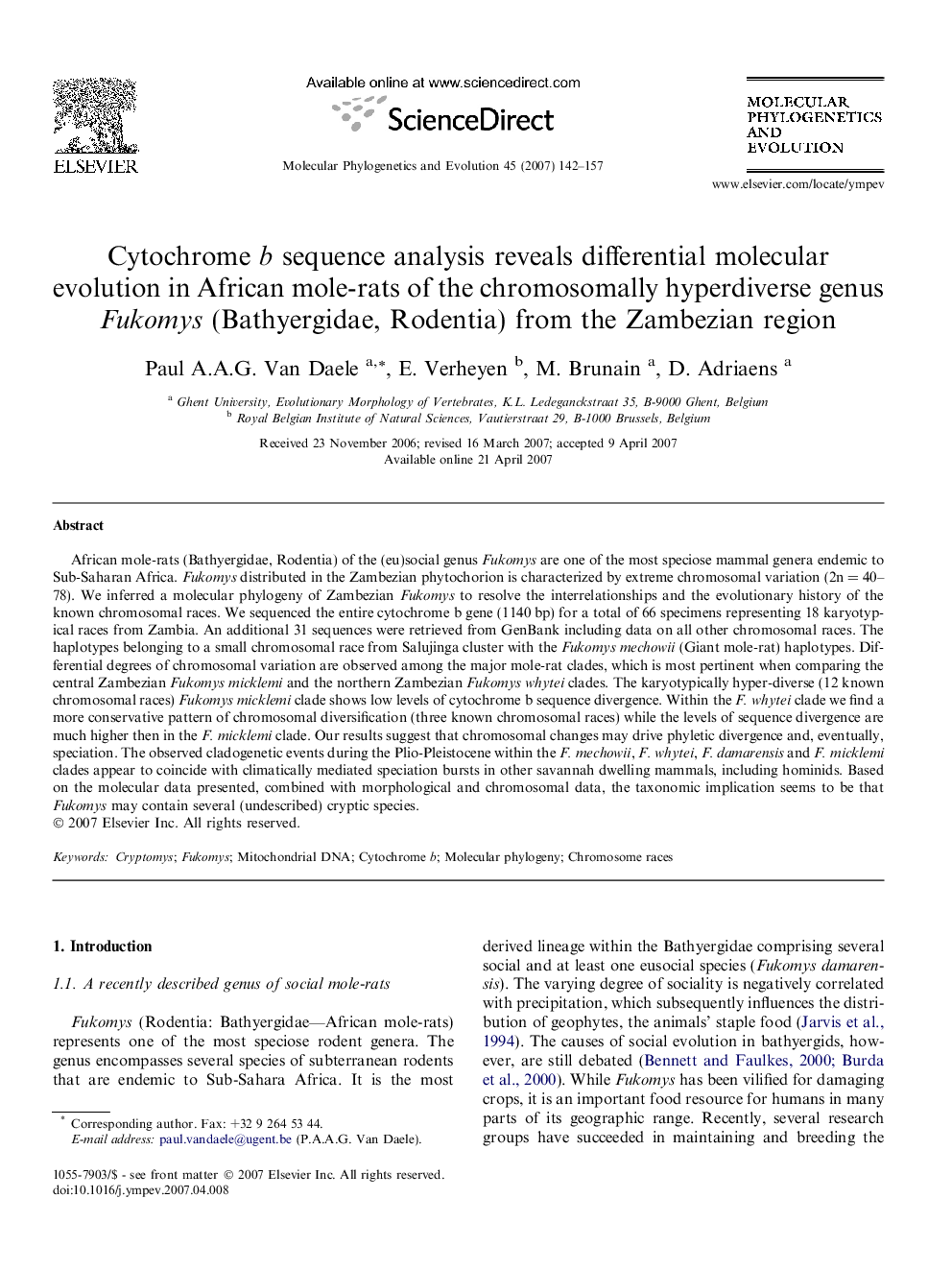 Cytochrome b sequence analysis reveals differential molecular evolution in African mole-rats of the chromosomally hyperdiverse genus Fukomys (Bathyergidae, Rodentia) from the Zambezian region