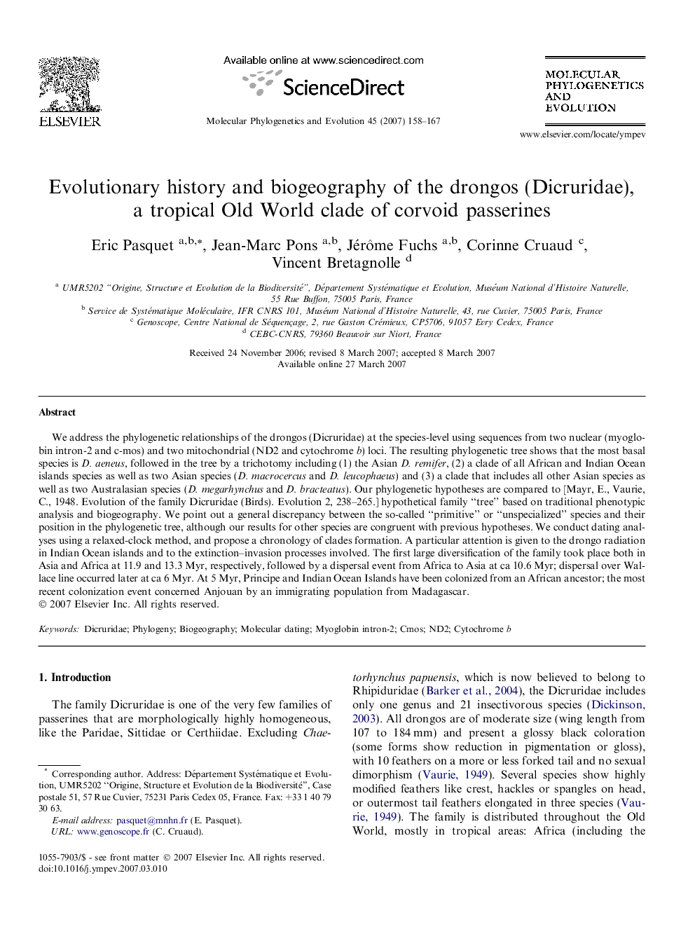 Evolutionary history and biogeography of the drongos (Dicruridae), a tropical Old World clade of corvoid passerines