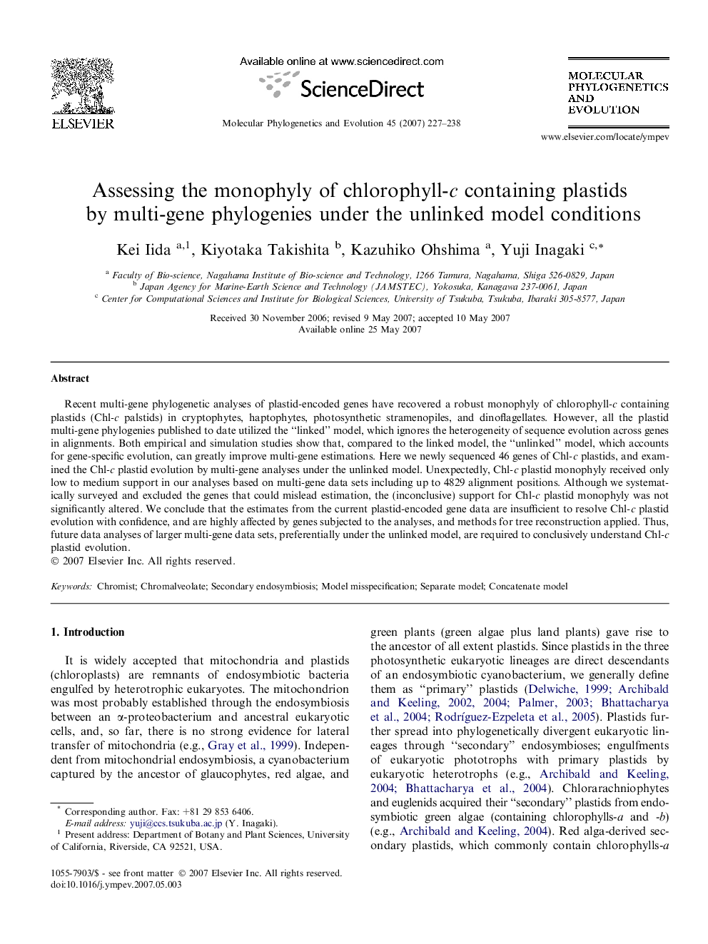 Assessing the monophyly of chlorophyll-c containing plastids by multi-gene phylogenies under the unlinked model conditions