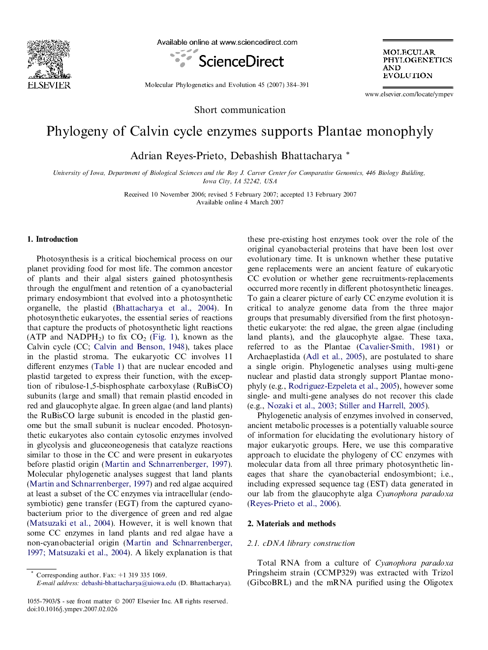 Phylogeny of Calvin cycle enzymes supports Plantae monophyly