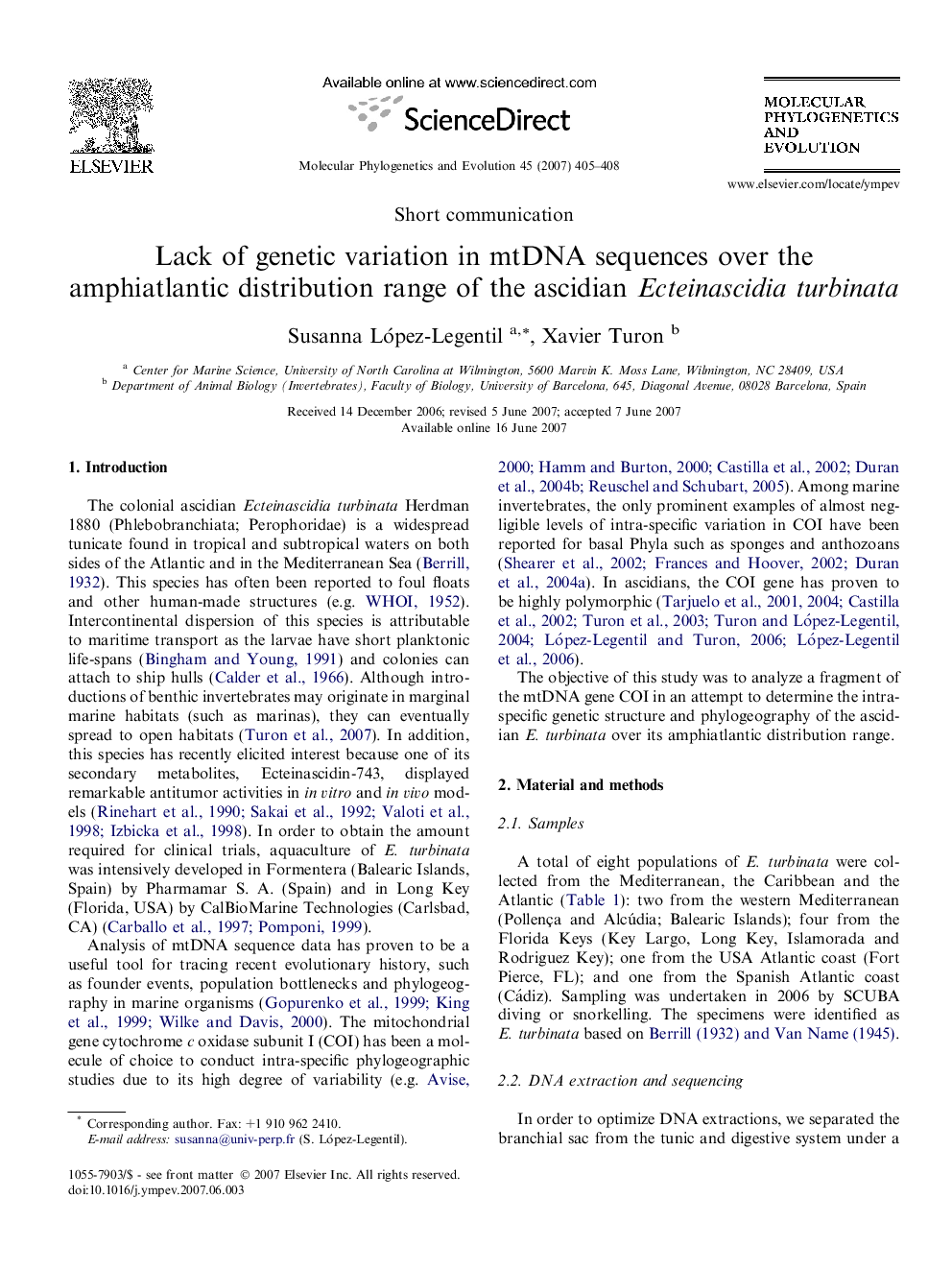Lack of genetic variation in mtDNA sequences over the amphiatlantic distribution range of the ascidian Ecteinascidia turbinata
