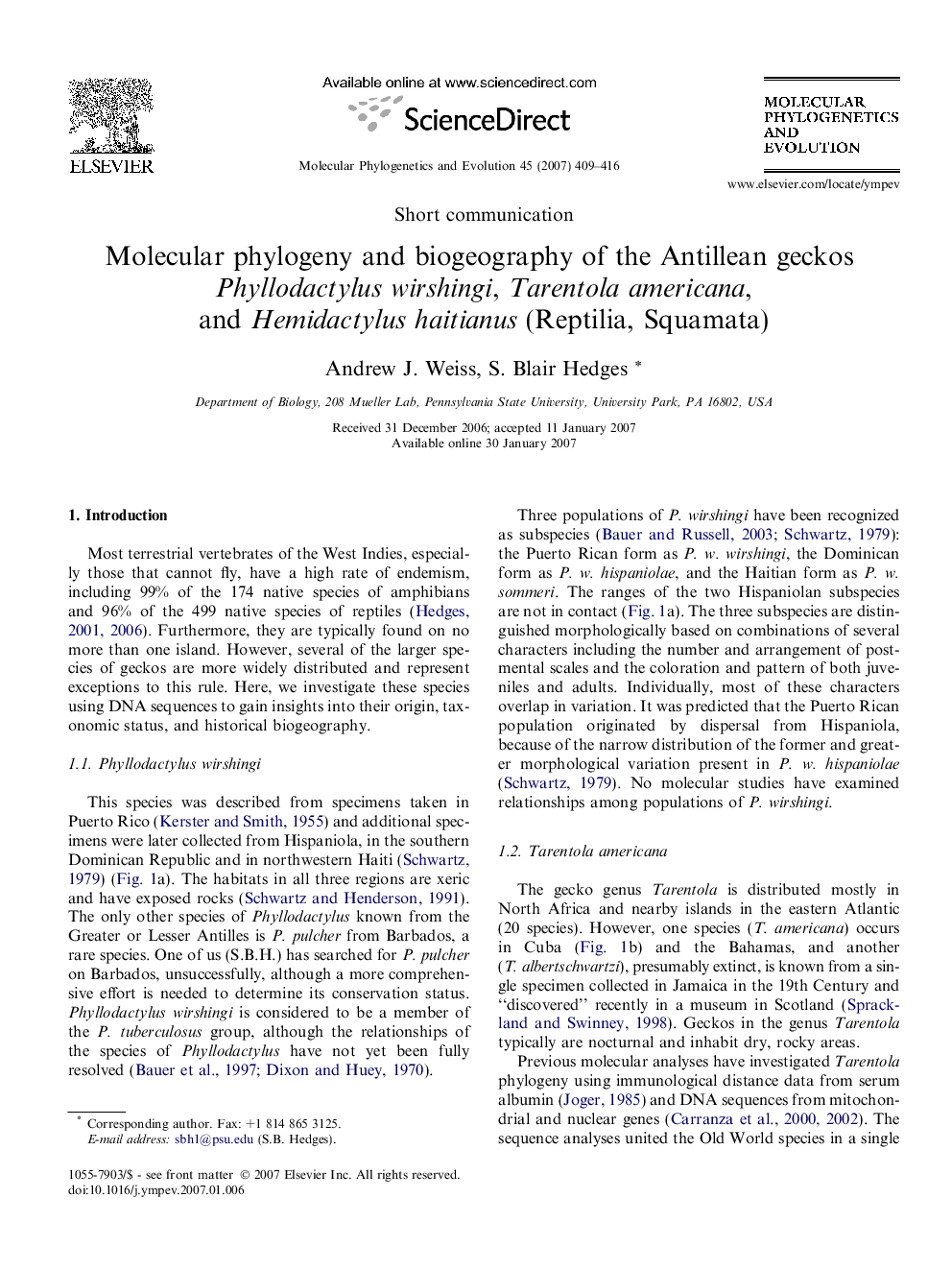 Molecular phylogeny and biogeography of the Antillean geckos Phyllodactylus wirshingi, Tarentola americana, and Hemidactylus haitianus (Reptilia, Squamata)