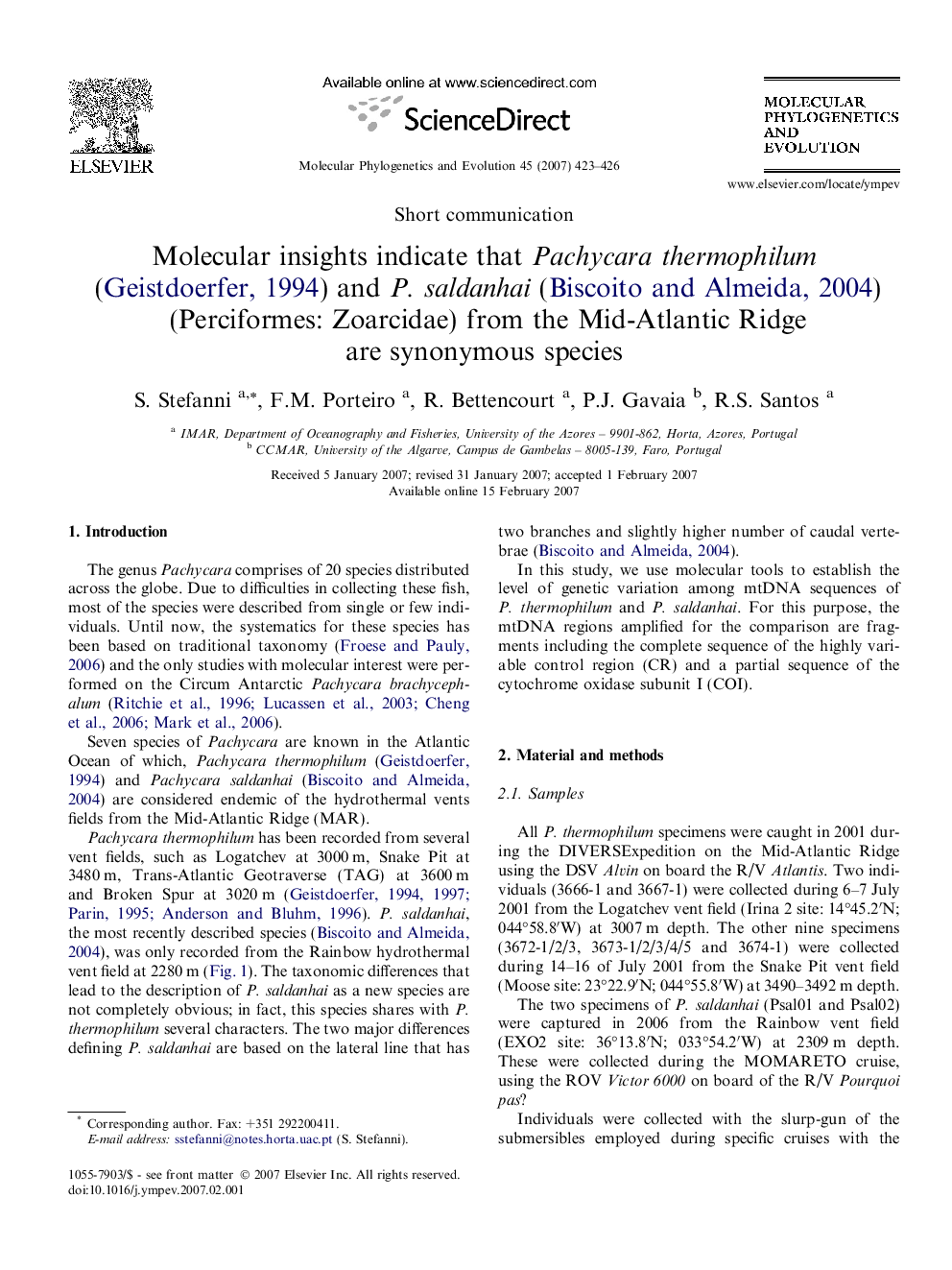 Molecular insights indicate that Pachycara thermophilum (Geistdoerfer, 1994) and P. saldanhai (Biscoito and Almeida, 2004) (Perciformes: Zoarcidae) from the Mid-Atlantic Ridge are synonymous species