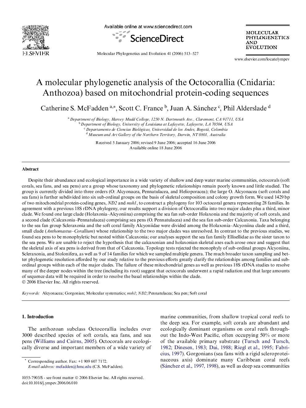 A molecular phylogenetic analysis of the Octocorallia (Cnidaria: Anthozoa) based on mitochondrial protein-coding sequences