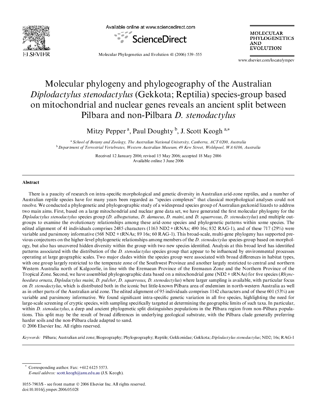 Molecular phylogeny and phylogeography of the Australian Diplodactylus stenodactylus (Gekkota; Reptilia) species-group based on mitochondrial and nuclear genes reveals an ancient split between Pilbara and non-Pilbara D. stenodactylus