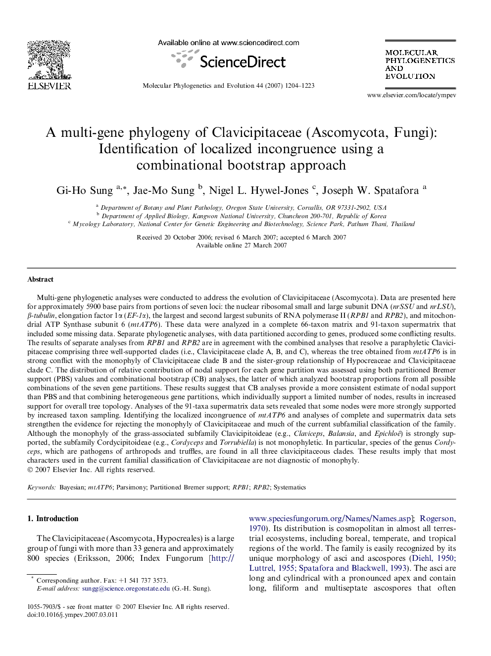 A multi-gene phylogeny of Clavicipitaceae (Ascomycota, Fungi): Identification of localized incongruence using a combinational bootstrap approach