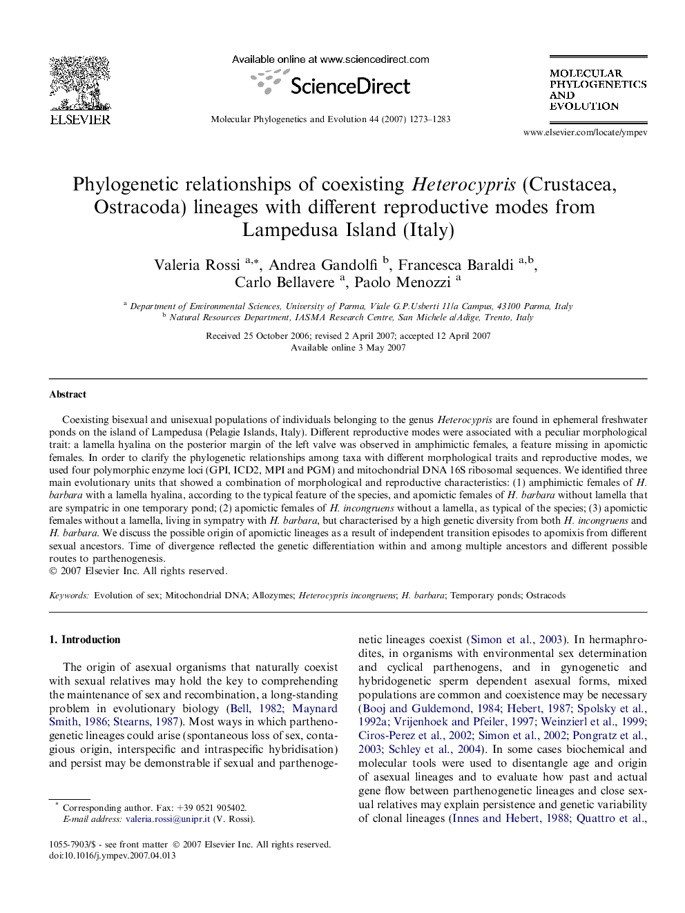 Phylogenetic relationships of coexisting Heterocypris (Crustacea, Ostracoda) lineages with different reproductive modes from Lampedusa Island (Italy)