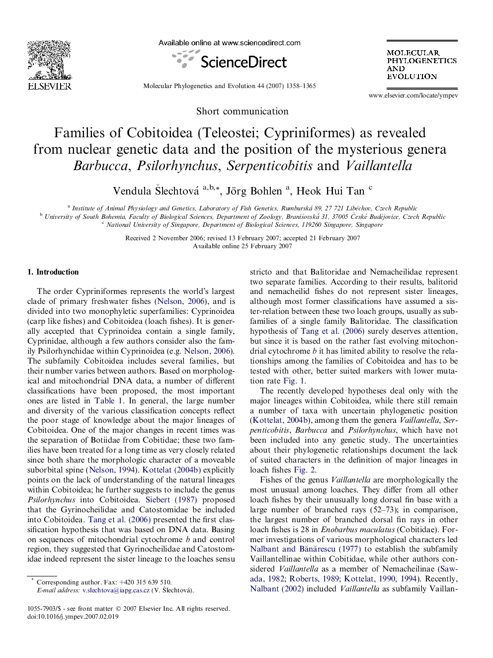 Families of Cobitoidea (Teleostei; Cypriniformes) as revealed from nuclear genetic data and the position of the mysterious genera Barbucca, Psilorhynchus, Serpenticobitis and Vaillantella